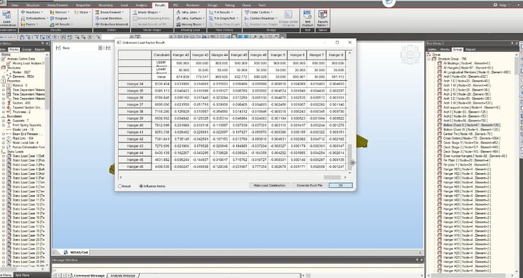 The influence matrix for hangers in ULF function and excel sheet