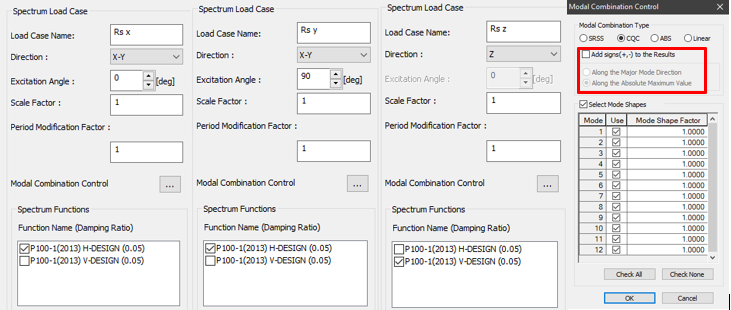 Figure 3-7. Dynamic load cases and mode combination settings