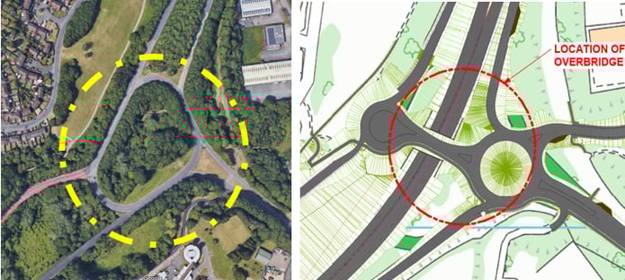 Left - Present condition at grade juntion; Right - proposed design grade separated juntion with main highway running below the bridge