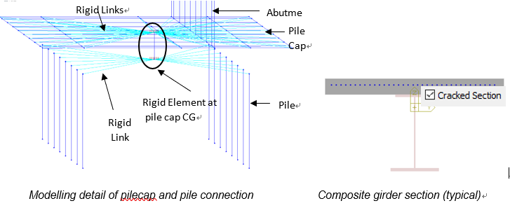 Modeling detail of pilecap and pile connection (left); composite girder section (righT)