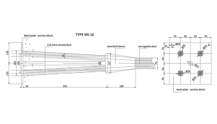 Details of the end part of a 16 ½ inch strands post-tensioning cable according to the Morandi System, re-drawn (Units: mm)