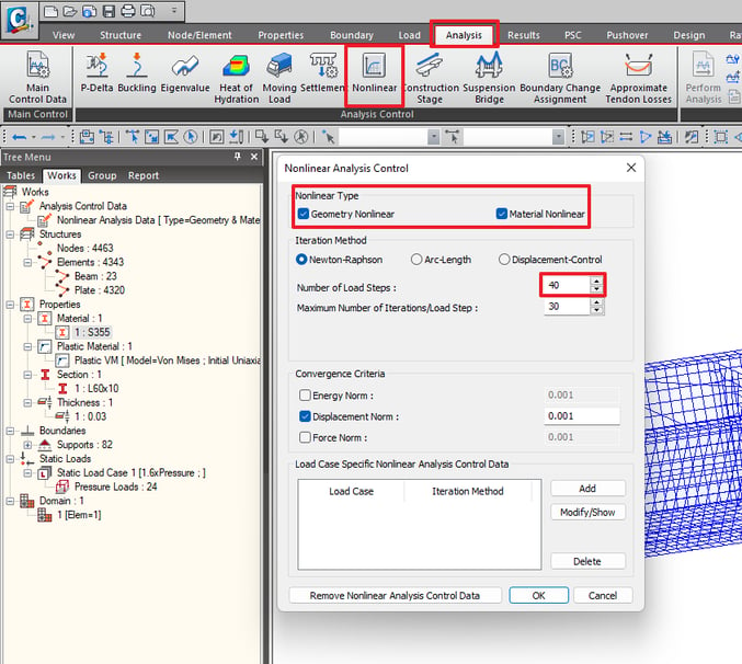 Fig 5 - Setting up the non-linear analysis control