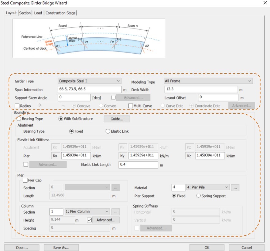 Layout tab in Steel Composite Bridge Wizard